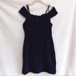Storee Navy Blue Off-Shoulder Zip-Up Formal Dress